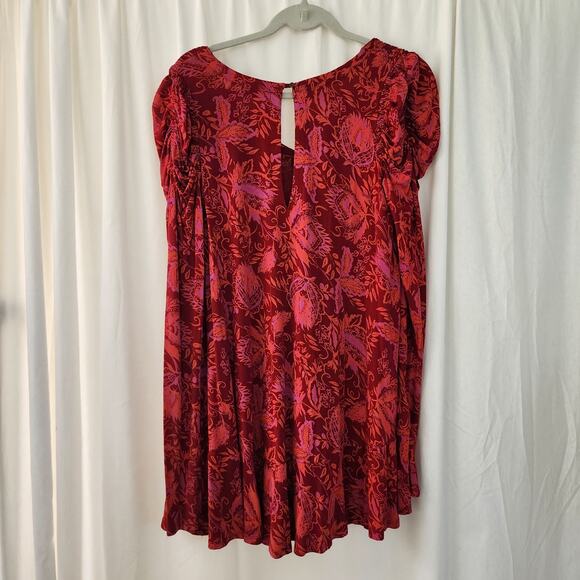 Free People Hello Lover Red Scarlett Floral Print Tunic Dress Sz XS Puff Sleeve - Picture 3 of 12